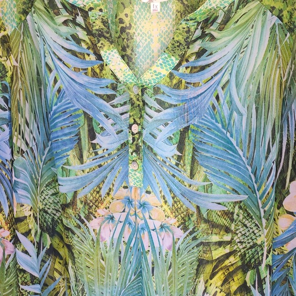Fig & Flower Tropical Blouse 1X Sheer Floral Palm Print Boho Tunic - Picture 3 of 5